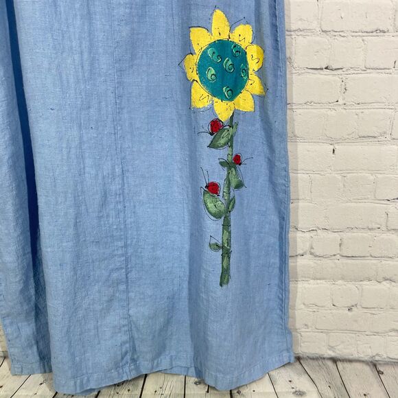 Mishi Maxi Linen Dress Women Small Chambray Hand Painted Artsy Pockets Boho - Picture 9 of 14